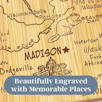 Totally Bamboo Destination Wisconsin State Shaped Serving and Cutting Board, Includes Hang Tie for Wall Display