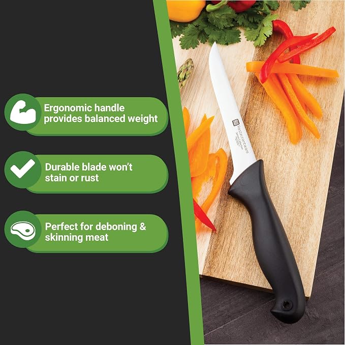 Restaurantware Sensei 6 Inch Boning Knife 1 With Colored Coded Pins Fillet Knife - High-Carbon Stain-Resistant Black German Steel Knife For Fish Ergonomic Handle For Fish Vegetables Or Entrees