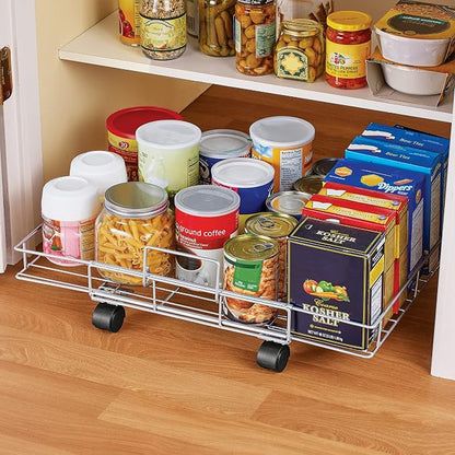 Collections Etc Flat Rolling Floor Shelf Metal Storage Cart - Expandable to 24" W - Slim Cart Holds Up to 22 Lbs. on 4 Caster Style Wheels, Fits Under Beds, Desks or Shelving
