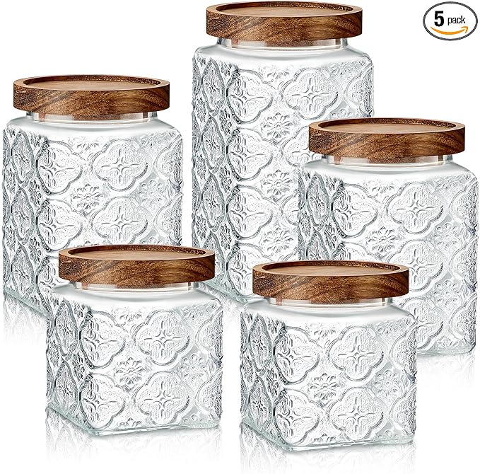 Gerrii Clear Begonia Square 5 Pcs Vintage Glass Food Storage Containers 17/24/34 oz Glass Jar with Lid Airtight Candy Food Canisters for Kitchen Counter Pantry Coffee Beans