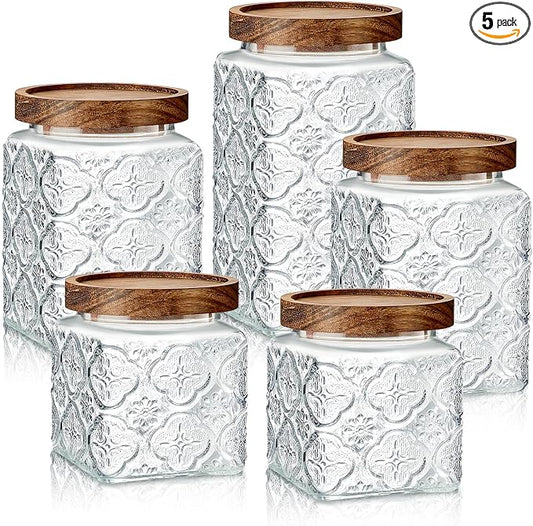 Gerrii Clear Begonia Square 5 Pcs Vintage Glass Food Storage Containers 17/24/34 oz Glass Jar with Lid Airtight Candy Food Canisters for Kitchen Counter Pantry Coffee Beans