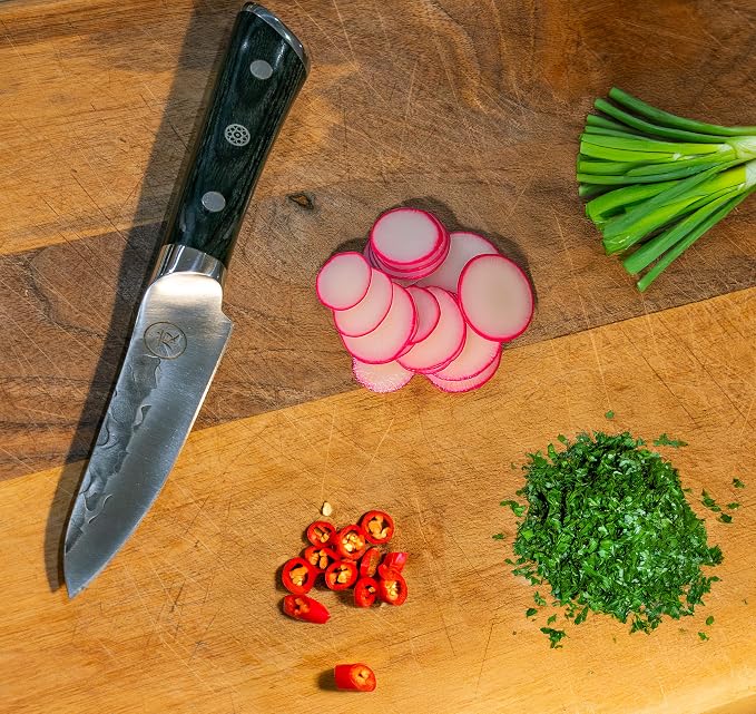 4.5” Professional Paring Knife – Hand Forged Small Kitchen Knife with Dark Wood Handle, Razor Sharp, Full Tang – from British Fusion Atelier KOKORO – A Thoughtful Gift for Cooks and Foodies