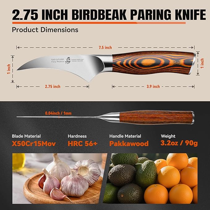 TUO Bird Beak Paring Knife, 2.5 inch Handy Peeling Knife, Curved Small Blade for Fruit & Vegetable, German Stainless Steel, Ergonomic Pakkawood Handle - Fiery Series