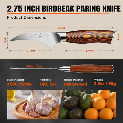 TUO Bird Beak Paring Knife, 2.5 inch Handy Peeling Knife, Curved Small Blade for Fruit & Vegetable, German Stainless Steel, Ergonomic Pakkawood Handle - Fiery Series
