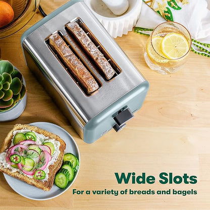 BELLA 2 Slice Toaster, Quick & Even Results Every Time, Wide Slots Fit Any Size Bread Like Bagels or Texas Toast, Drop-Down Crumb Tray for Easy Clean Up, Stainless Steel and Aqua