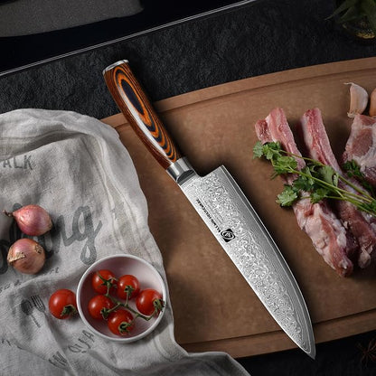 Damascus Chef Knife 8'' Professional 67-Layer VG10 Steel Core with Pakka Wood Handle, Ultra Sharp HRC 62 Kitchen Knife for Chopping Cutting Carving Gift Box for Kitchen Restaurant