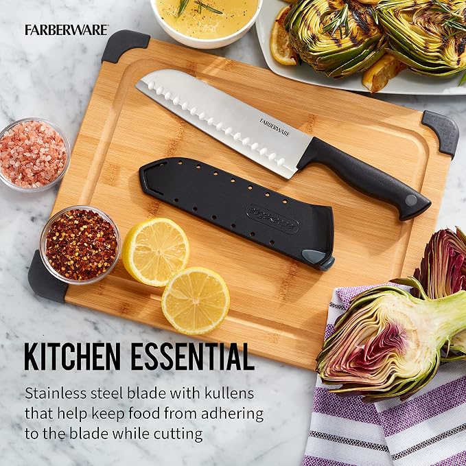 Farberware Edgekeeper 7-Inch Santoku Knife with Self-Sharpening Blade Cover, High Carbon-Stainless Steel Kitchen Knife with Ergonomic Handle, Razor-Sharp Knife, Black