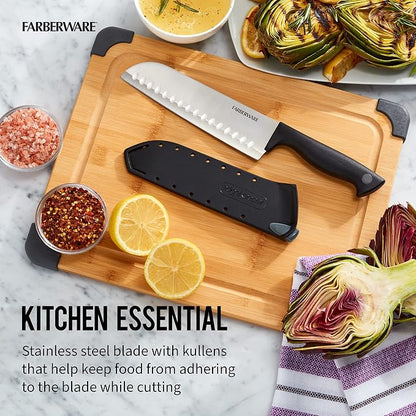 Farberware Edgekeeper 7-Inch Santoku Knife with Self-Sharpening Blade Cover, High Carbon-Stainless Steel Kitchen Knife with Ergonomic Handle, Razor-Sharp Knife, Black