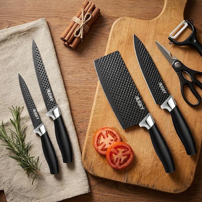 Knife Set, 6 Pieces Kitchen knife Set with Healthy Anti-Rust Coating, Stainless Steel Professional Chef Knife Sets with Elegant Box, Kitchen Knives with Scissors & Peeler for Cooking, Dishwasher Safe