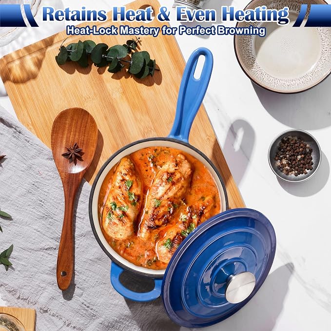 E-far 1Qt & 2Qt Sauce Pan Set, Enameled Cast Iron Saucepans Pot with Self-basting Lids, Heavy Duty Small Dutch Oven for Stove, Induction-Ready & Easy Clean, Deep Blue