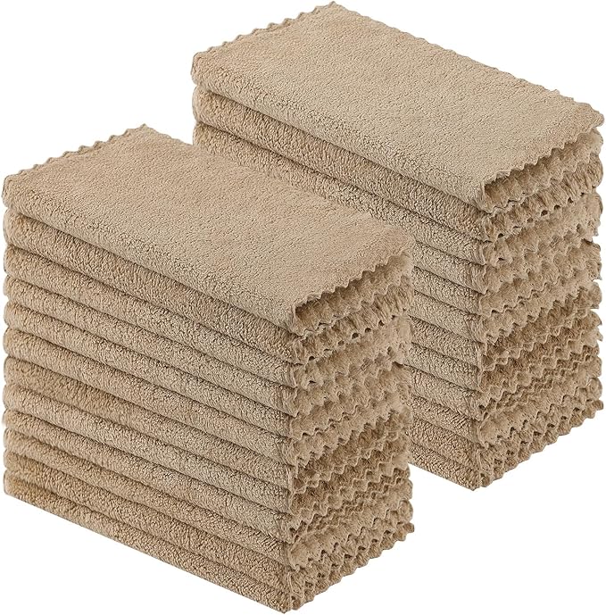 Kitinjoy 24 Pack Kitchen Cloths Dish Towels (10" x 10", Tan), Super Soft and Absorbent Dish Cloths, Nonstick Oil Fast Drying Coral Velvet Microfiber Cleaning