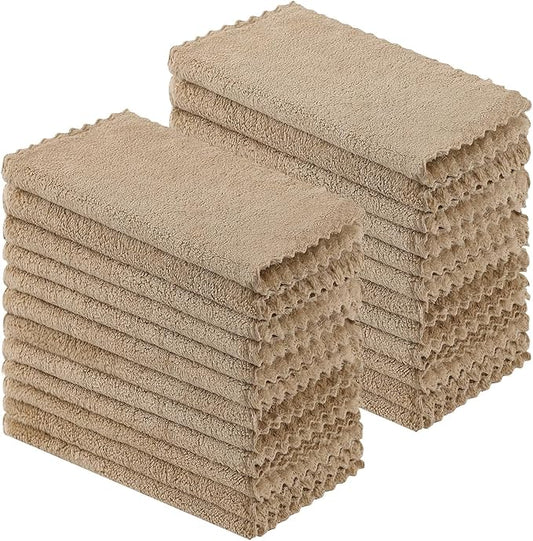 Kitinjoy 24 Pack Kitchen Cloths Dish Towels (10" x 10", Tan), Super Soft and Absorbent Dish Cloths, Nonstick Oil Fast Drying Coral Velvet Microfiber Cleaning
