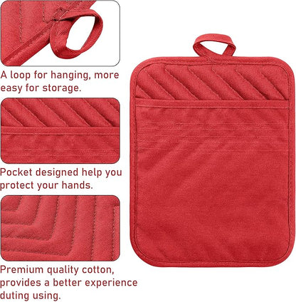 5Pack Pocket Pot Holders Cotton Heat Resistant Potholder Multipurpose Hot Pads Machine Washable Oven Mitts Potholders Bulk for Daily Kitchen Baking and Cooking 7 x 9 Inch Red