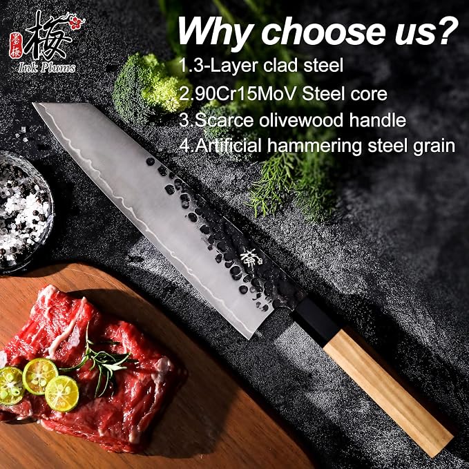 9 Inch Japanese Kiritsuke Chef Knife, Hand Forged High Carbon Steel Gyuto Kitchen Knife for Meat Fish Vegetables, Professional Cooking Knife with Olive Wood Octagonal Handle & Gift Box