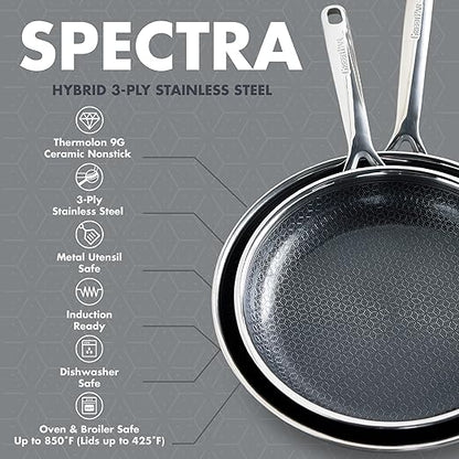 GreenPan Spectra 10" & 12" Frying Pan Skillet, Hybrid Tri-Ply Stainless Steel, PFAS-Free Ceramic Nonstick Textured Cooking Surface, Induction Cookware, Diswasher Safe, Oven & Broiler Temp to 850˚F