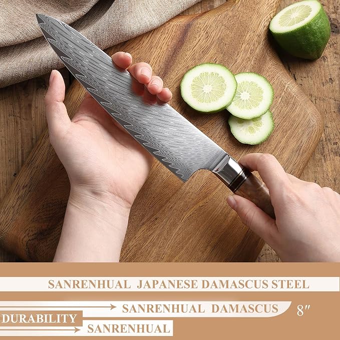 8 inch Japanese Damascus Chef Knife, Damascus Chefs Knife Kitchen Knives for All-Around Food Preparation, Japanese Super Steel Sharp Chef's Knives, Professional Resin Handle Chef Knife