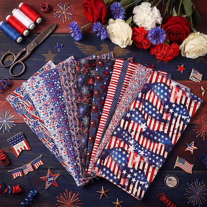 Tatuo 30 Pcs Patriotic Cotton Fabric Squares Bundle 10x10 Inch Red Blue White Precut Quilting Fabric 4th of July 30 Designs Star Stripe Fabrics for 250 Anniversary Sewing, Patchwork, DIY Crafts