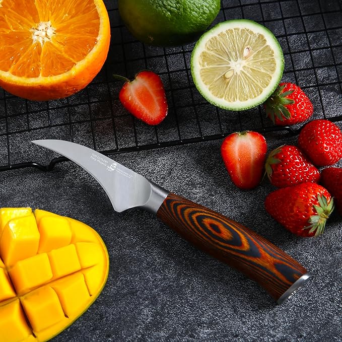 TUO Bird Beak Paring Knife, 2.5 inch Handy Peeling Knife, Curved Small Blade for Fruit & Vegetable, German Stainless Steel, Ergonomic Pakkawood Handle - Fiery Series