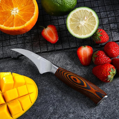 TUO Bird Beak Paring Knife, 2.5 inch Handy Peeling Knife, Curved Small Blade for Fruit & Vegetable, German Stainless Steel, Ergonomic Pakkawood Handle - Fiery Series