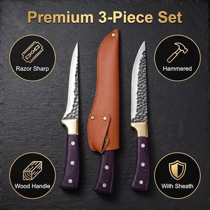 Premium 3-Piece Kitchen Knife Set with Leather Sheaths, High Carbon Steel Forged Boning/Carving/Utility Knives, Sharp Meat Cleaver & Butcher Knives for Kitchen, BBQ & Food Prep, Purple Wood Handle