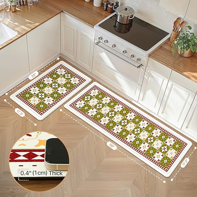 GENIMO Anti Fatigue Kitchen Mats for Floor, Cushioned Non Slip Kitchen Rug, Waterproof Kitchen Floor Mat Runner, Kitchen Mat for Laundry, Sink, Office, Entryway, 17.3"x59"+17.3"x30", Green