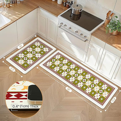 GENIMO Anti Fatigue Kitchen Mats for Floor, Cushioned Non Slip Kitchen Rug, Waterproof Kitchen Floor Mat Runner, Kitchen Mat for Laundry, Sink, Office, Entryway, 17.3"x59"+17.3"x30", Green