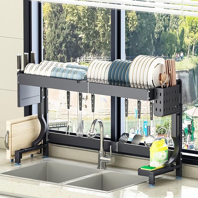 Over the Sink Dish Drying Drainer Rack - Height & Width Adjustable Large Capacity Stainless Steel Kitchen Storage Organization Plate Strainers Above Kitchen Counter (W21.2-37" ~ H18.5-22" Black)