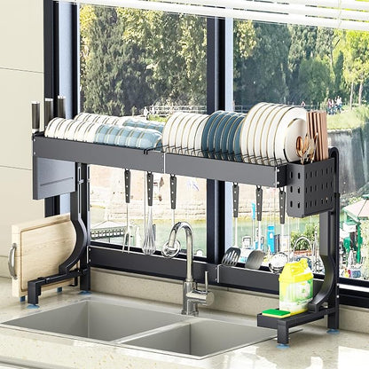 Over the Sink Dish Drying Drainer Rack - Height & Width Adjustable Large Capacity Stainless Steel Kitchen Storage Organization Plate Strainers Above Kitchen Counter (W21.2-37" ~ H18.5-22" Black)