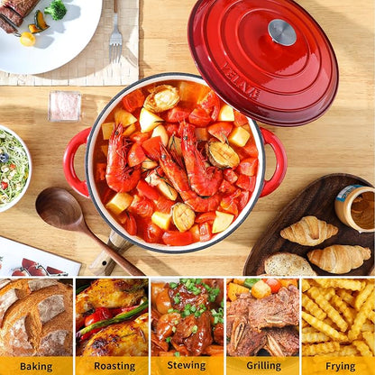 Velaze 7.5 QT Dutch Oven Pot with Lid, Enameled Cast Iron Dutch Oven with Dual Handles for Sourdough Bread Baking, Cooking, Non-stick Enamel Coated Cookware (RED)