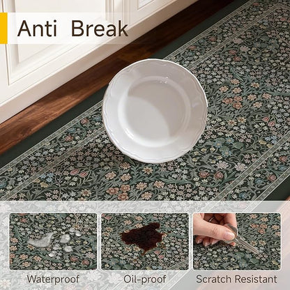 Kitchen Mats for Floor Thick Anti Fatigue Waterproof Vintage Spring Floral Kitchen Rugs 2PCS Cushioned Non Slip Black Green Comfort Standing Mats for Sink Laundry Office 17.3"×47"+17.3"×30"