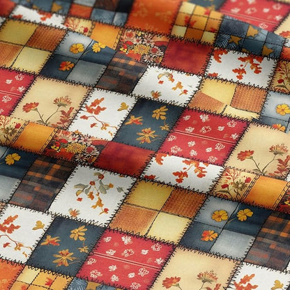 Autumn Patchwork Cotton Fabric Panel 61 x 36.6 Inches, Vintage Quilt Style Floral Printed Cotton Sewing Fabric, 140 GSM