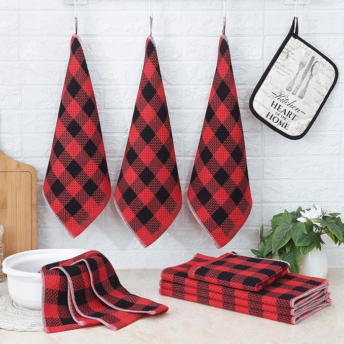 Homaxy Kitchen Towels and Dishcloths Set, 12" x 12" and 13" x 28", Set of 8 Bulk Cotton Waffle Weave Dish Towels, Super Soft Absorbent Hand Towels for Kitchen, Red & Black
