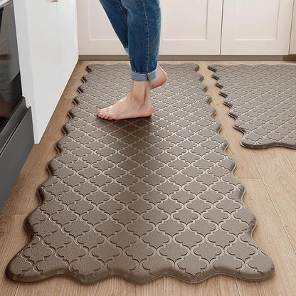 Arenarug Upgrade Scalloped Embossed Kitchen Mats for Floor 2PCS Cushioned Anti Fatigue Waterproof Foam Kitchen Rugs Non Slip Washable Comfort Standing Mat for Sink Laundry, 24"x39"+24"x59", Brown
