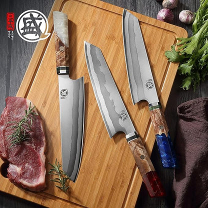 MITSUMOTO SAKARI 8-Inch Kiritsuke Chef Knife, 7-Layer 440C Damascus | Long flat edge for clean slicing, angled tip for detail cuts, blue pomegranate handle, sandalwood box