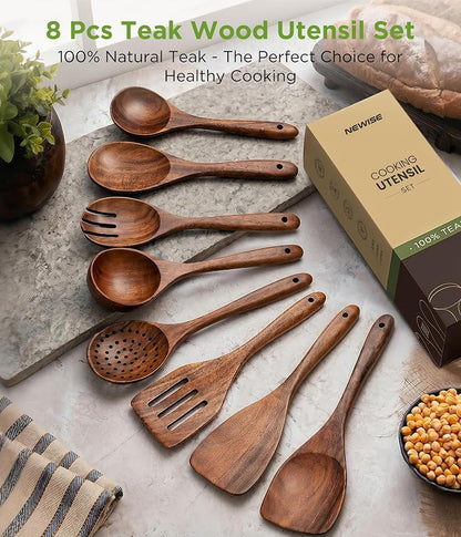 Wooden Utensil Set - 8 Pcs Teak Wooden Spoons for Cooking, Non Toxic, Heat Resistant, Durable & Safe for Kitchen Nonstick Cookware