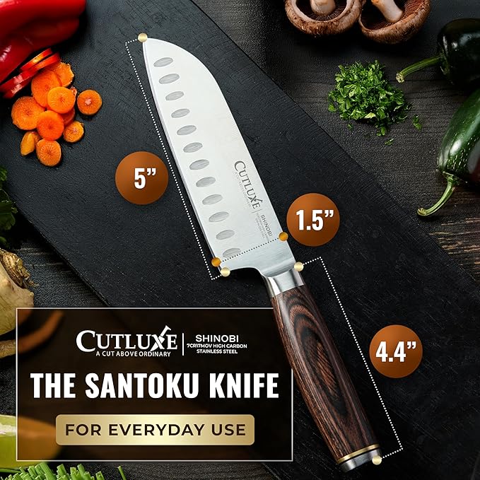 Santoku Knife – Ultra Sharp 5 Inch Meat and Vegetable Japanese Knife for Chopping, High Carbon Stainless Steel Blade, Full Tang Pakkawood Handle – Shinobi Series