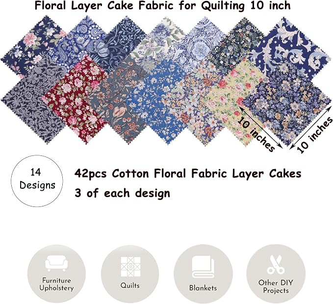 Nodsaw 42Pcs 10-inch Layer Cake Fabric, Vintage Floral Paisley Print 10x10 Cotton Fabric Squares, Layer Cakes 10 inch Squares for Quilting, Sewing, Home Décor, Bags, and Crafts