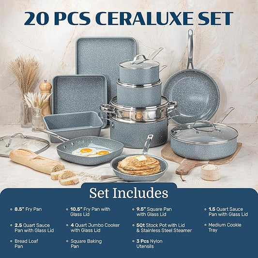 20 Pc Pots and Pans Set Nonstick - Granitestone Ceramic Cookware Set Induction Compatible with Bakeware, Utensils & Steamer, Non Toxic PFOA PFOS PFAS PTFE Free, Oven Safe to 500°F Dishwasher Safe Gray