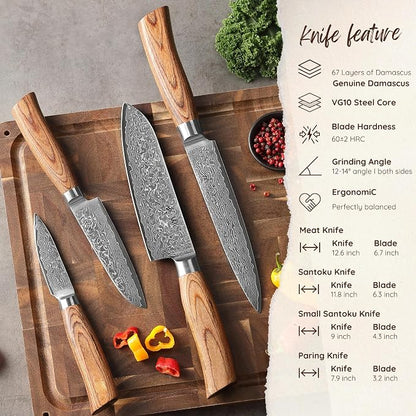 Wakoli EDIB Pro 4-Piece Damascus Knife Set – Professional Chef Knives Set with VG10 Core Blades, 67-Layer Damascus Steel and Ergonomic Pakkawood Handles – Premium Kitchen Knives in Elegant Gift Box