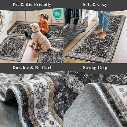 Square Rugs 5x5 Washable for Entryway: Non Slip Indoor Foot Carpet for Living Room, Boho Soft Black 5'x5' Low Pile Neutral Area Rug for Kitchen Dining Room Bathroom (Black, 5x5)