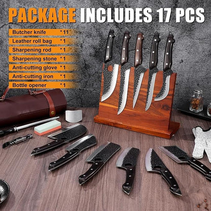 TAN REN 17PCS Butcher Knife Set with Bag, High Carbon Steel BBQ Knife Set for Meat Cutting, Hand Forged Serbian Chef Knives for Men Home & Outdoor Cooking