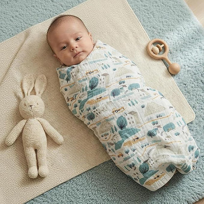 Muslin Swaddle Blankets for Newborn, 4 Pack Cotton Baby Blankets, Large 31.5 x 43.3 inch Breathable Soft Receiving Blanket, Essentials Swaddle Wrap Burping Clothes, Blue Farm Country