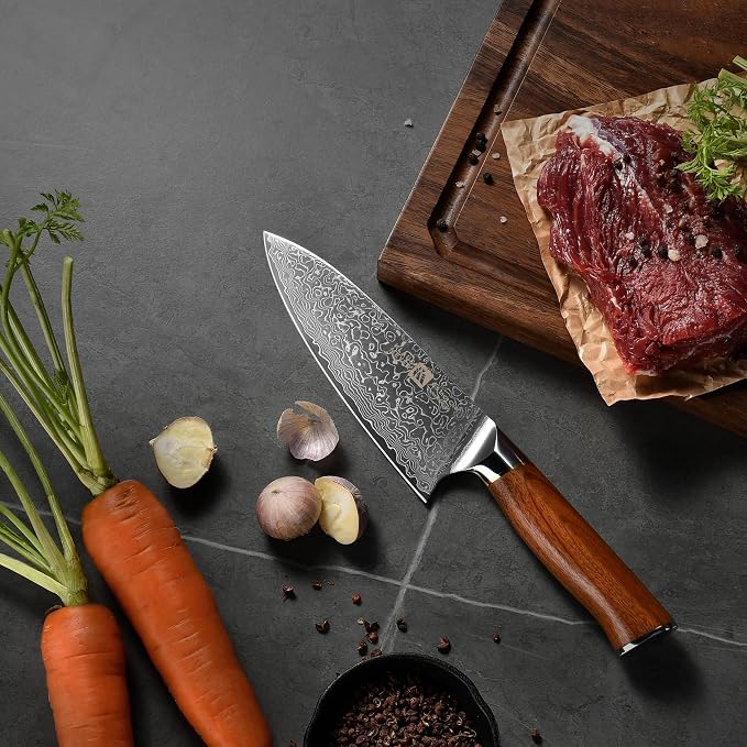 Klaus Meyer Damascus Chef Knife 6.5 Inch Rosewood Handle Chef Knife Ultra Sharp Santoku Knife, Gift For Women Men