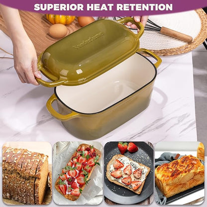 4.6-Quart Oval Dutch Oven for Bread Baking, 2 in 1 Cast Iron Bread Pan with Lid, Sourdough Baking Pan for a Crispy Crust, Olive