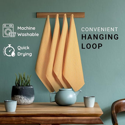 TWINY threads 4-Pack Kitchen Towels, 100% Cotton Dotted Weave, 18x28 Inch, Soft & Absorbent Wash Cloths Set with Hanging Loop, Washable and Reusable Dishcloths for Cooking, Cleaning - Mustard Yellow