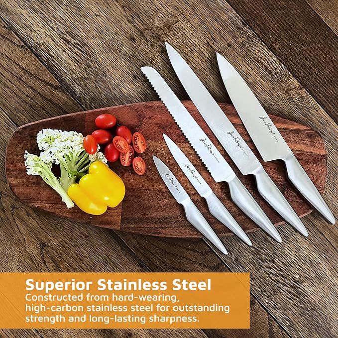 Jean-Patrique Chopaholic Kitchen Knife Set - 5 Knives Set for Kitchen - Stainless Steel Kitchen Knives with Carving Knife, Bread Knife, Chefs Knife, Utility Knife, Paring Knife Set
