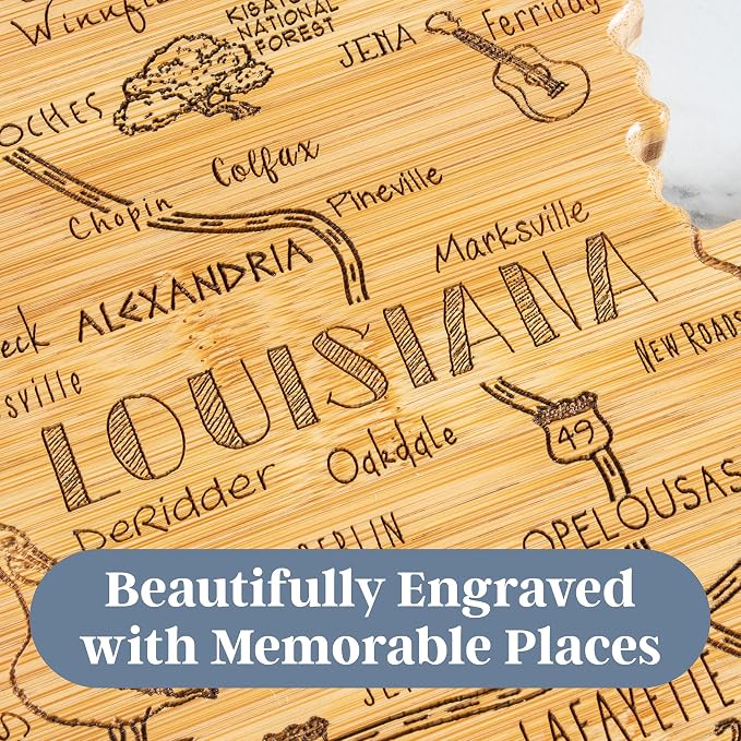 Totally Bamboo Destination Louisiana Shaped Cutting Board – Bamboo Charcuterie and Serving Board with Hang Tie for Wall Display