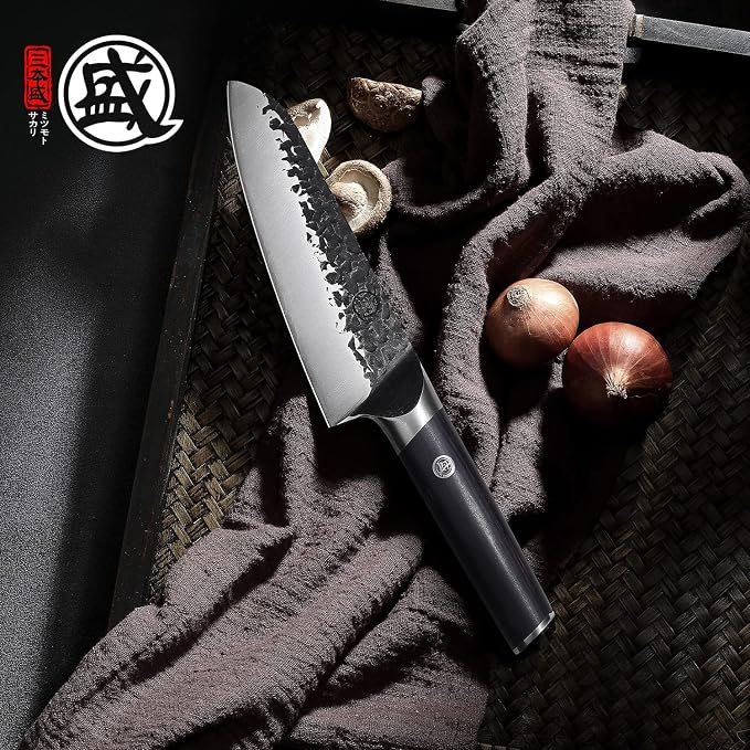 MITSUMOTO SAKARI 7-Inch Japanese Santoku Knife, SKD-11 Steel | Wide 2mm Santoku blade for slicing, dicing and mincing, 3-layer SKD-11 steel, textured finish, pakkawood handle