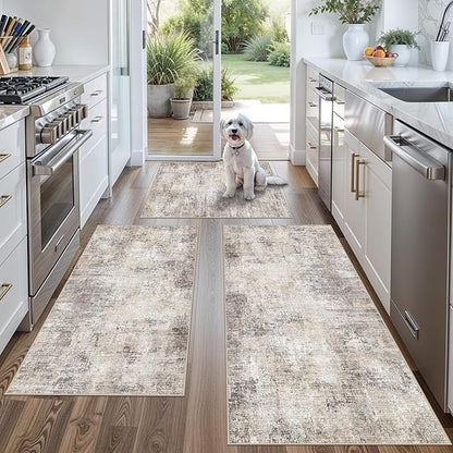Kitchen Mats for Floor 3 Piece Set,Non-Slip Washable Kitchen Mats for Hardwood Floor, Boho Farmhouse Runner Rug for Sink,Entryway & Hallway & Bathroom (Brown Grey Beige, 2x3+2x4+2x5)