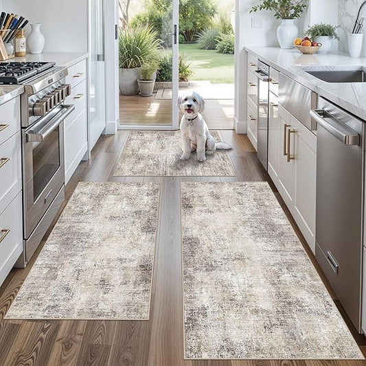 Kitchen Mats for Floor 3 Piece Set,Non-Slip Washable Kitchen Mats for Hardwood Floor, Boho Farmhouse Runner Rug for Sink,Entryway & Hallway & Bathroom (Brown Grey Beige, 2x3+2x4+2x5)